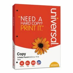 Universal Copy Paper, 92 Bright, 3-Hole, 20lb, 8.5 X 11, White, 500 Sheets/Ream, 10 Reams/Carton