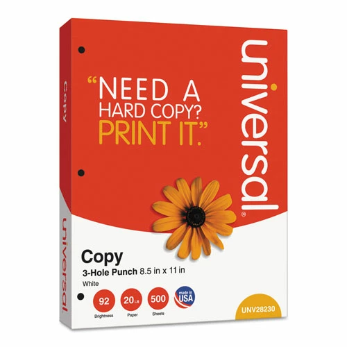 Universal Copy Paper, 92 Bright, 3-Hole, 20lb, 8.5 X 11, White, 500 Sheets/Ream, 10 Reams/Carton