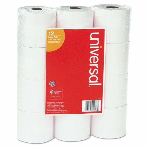 Universal Impact & Inkjet Print Bond Paper Rolls, 0.5" Core, 2.25" X 130 Ft, White, 12/Pack